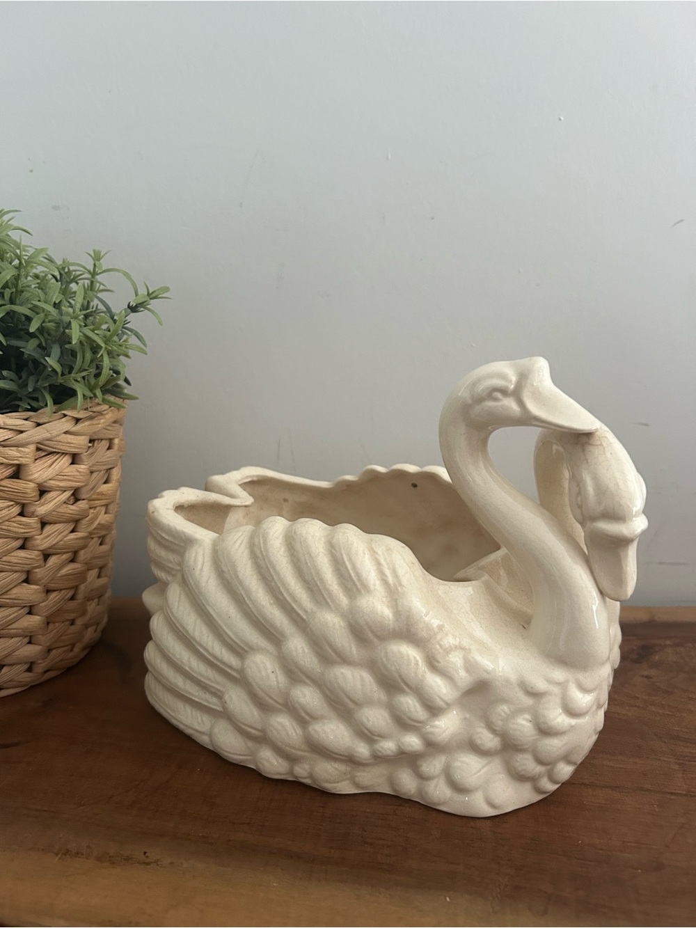 Double Head White Ceramic Swan Planter Dish Vintage